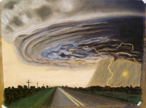 A pastel drawing I did of a wall cloud. I can't help but think that creation was not originally intended to create the kind of destruction that tornadoes produce. However, they still hold beauty to me, and instill a great respect for nature and creation.